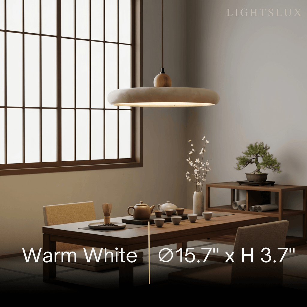 Modern Travertine Pendant Light – Wood and Stone LED Ceiling Lamp for Dining Room - Flindria