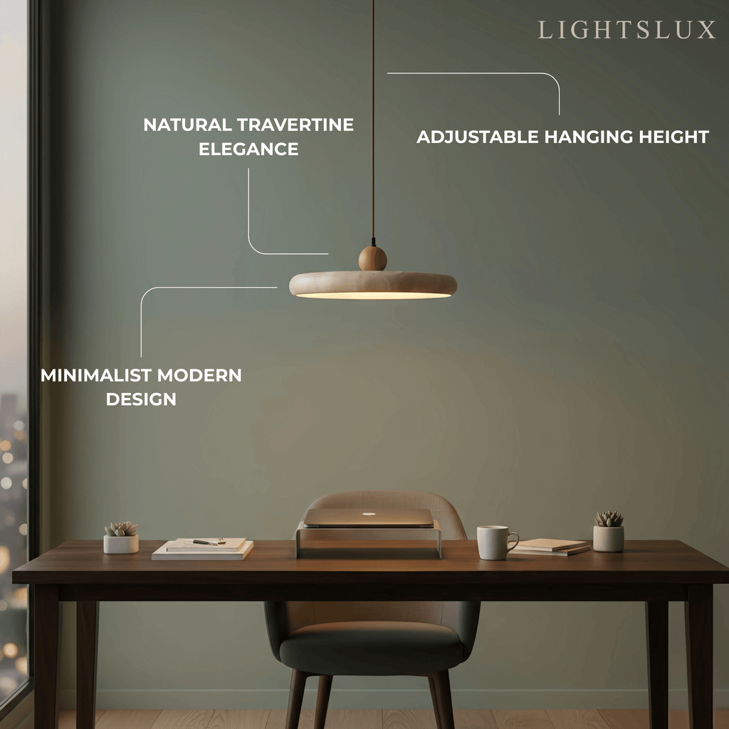 Modern Travertine Pendant Light – Wood and Stone LED Ceiling Lamp for Dining Room - Flindria
