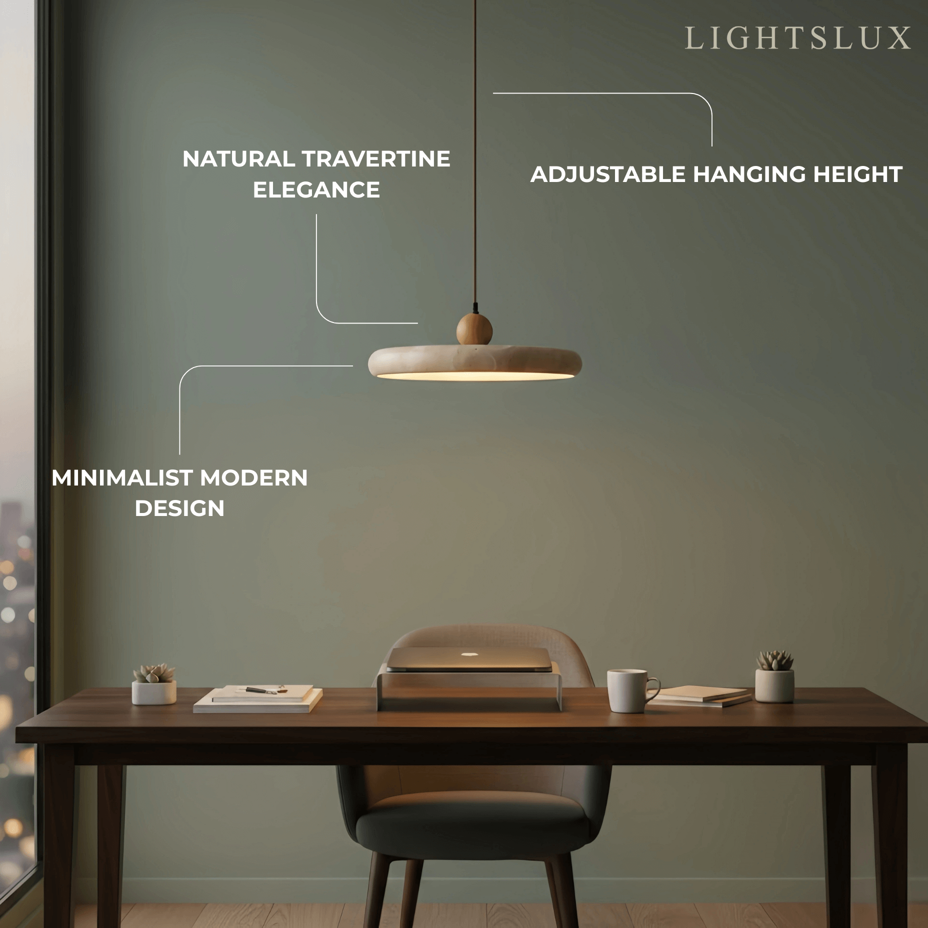 Modern Travertine Pendant Light – Wood and Stone LED Ceiling Lamp for Dining Room - Flindria