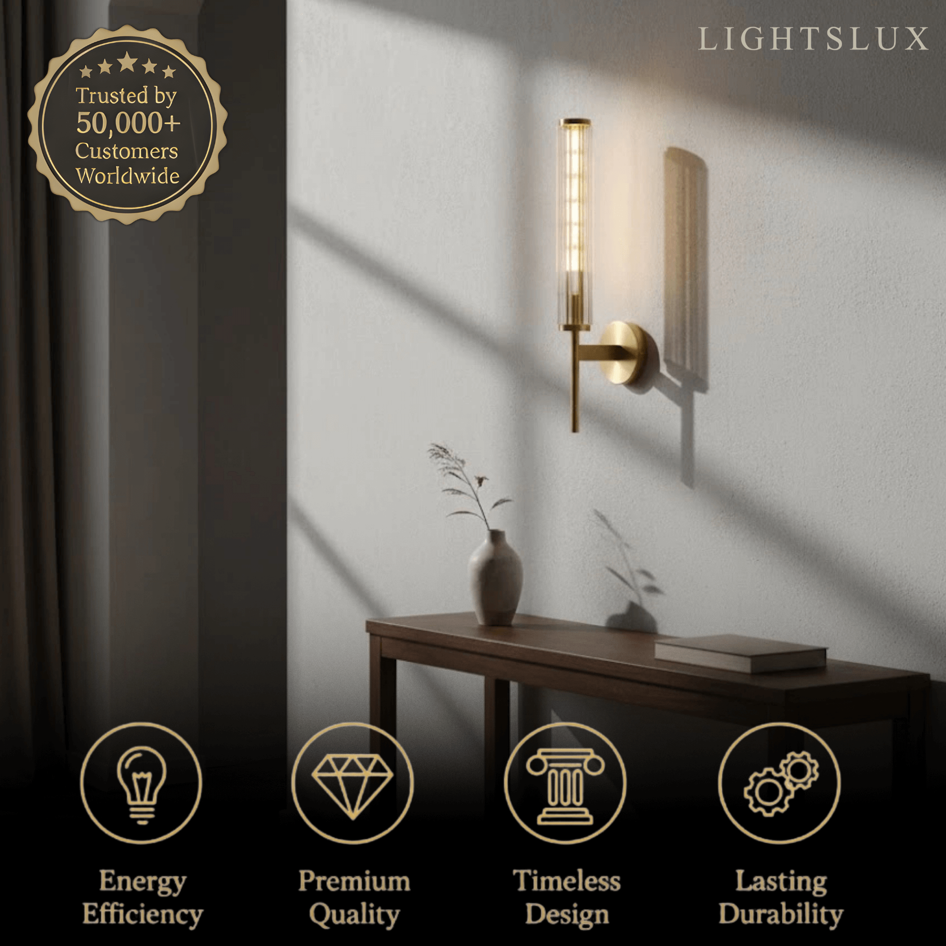 Modern Linear Wall Light – Brass and Glass LED Sconce for Bathroom or Bedroom - Flindria