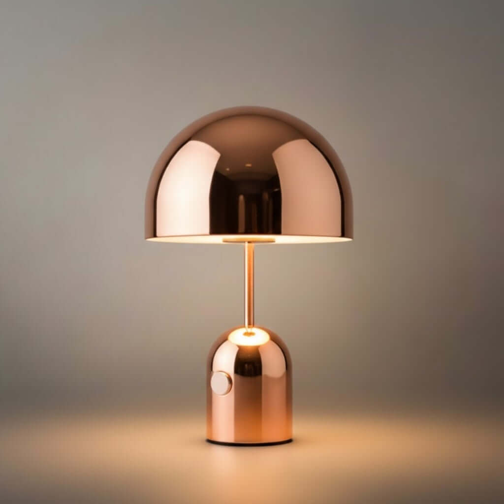Moderní stolní lampa ve tvaru zvonu – kovová kopule v zlaté, růžově zlaté nebo chromové barvě do ložnice - Flindria