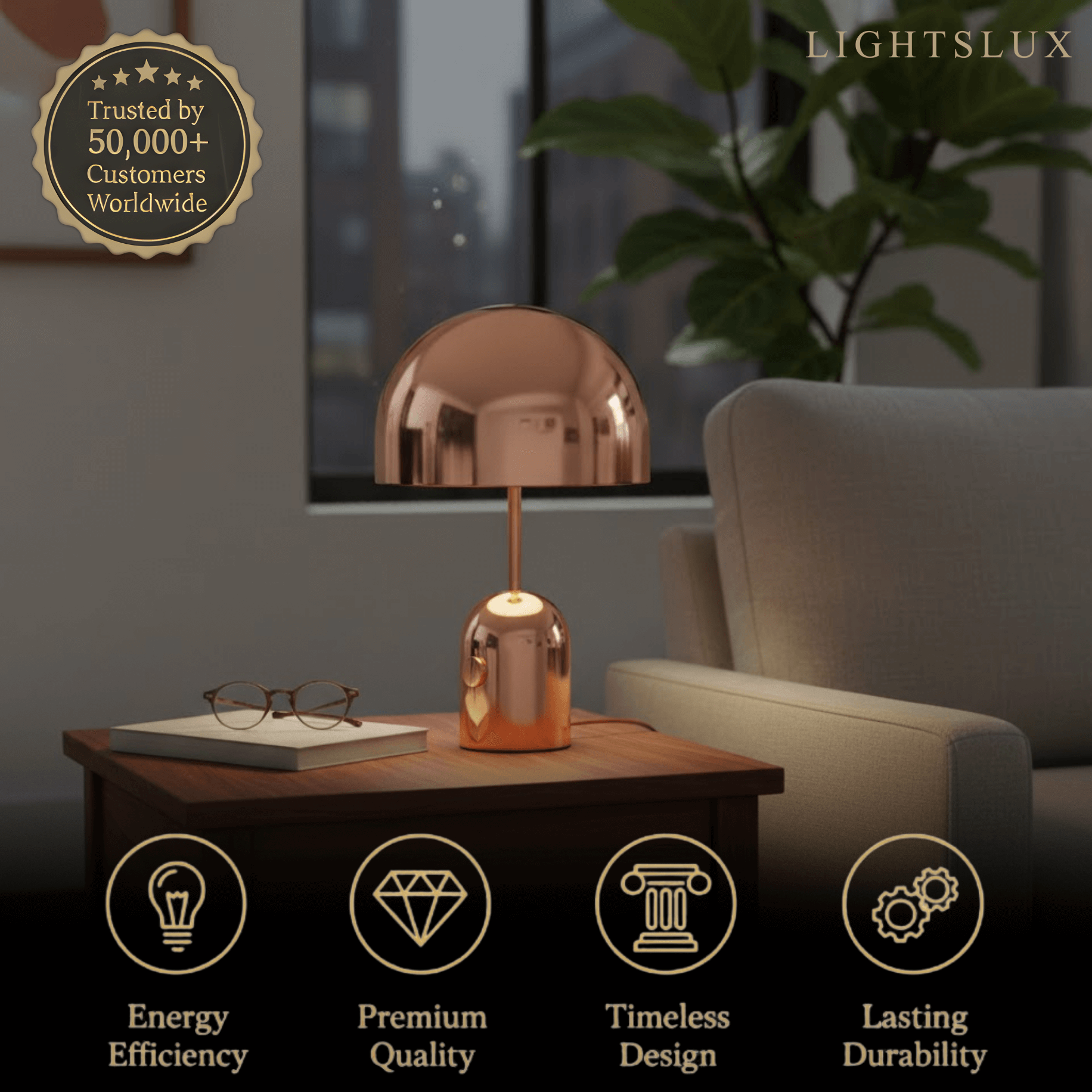 Moderne Klokke Bordlampe – Metal Dome Skrivebordslampe i Guld, Rosaguld eller Krom til Soveværelse - Flindria