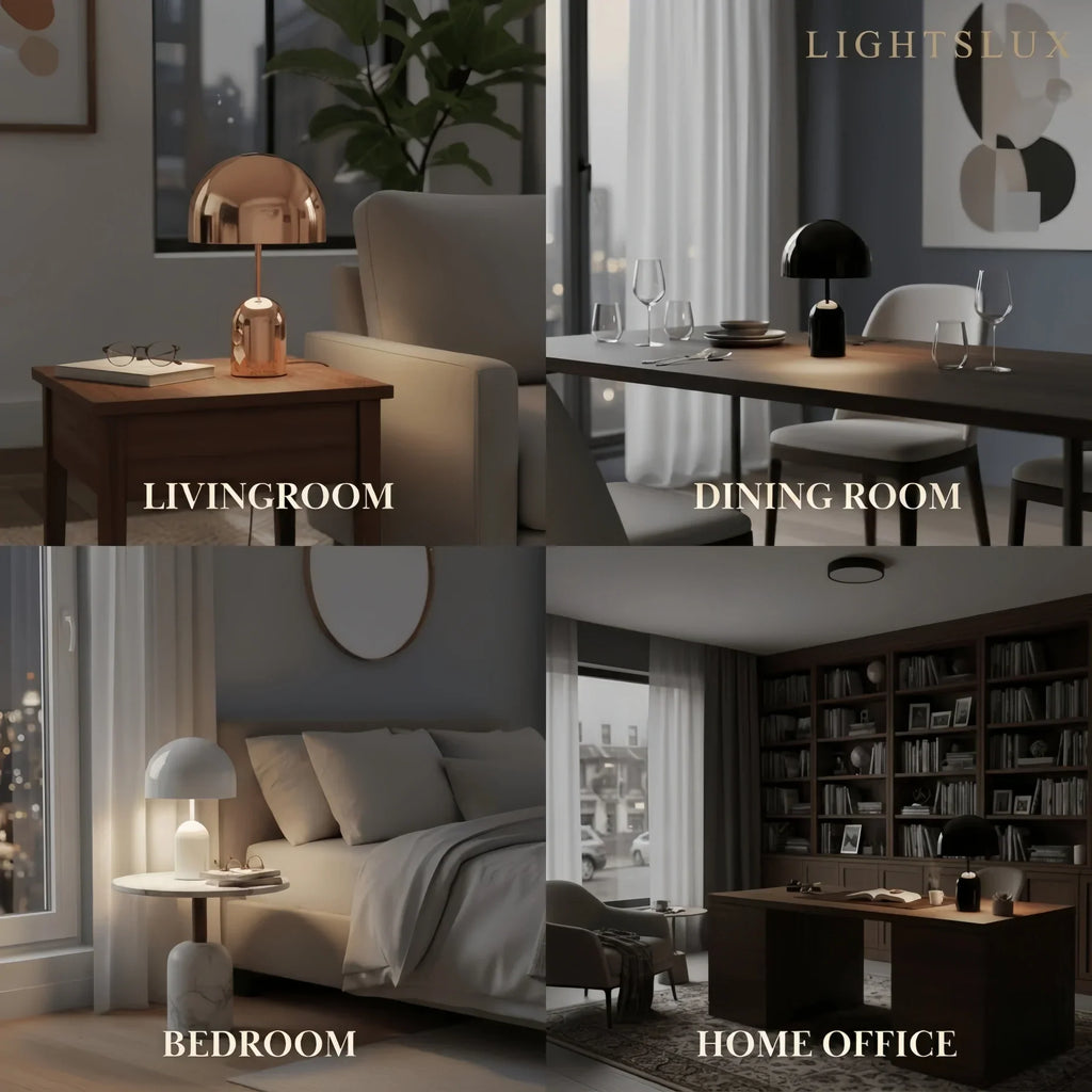 Moderní stolní lampa ve tvaru zvonu – kovová kopule v zlaté, růžově zlaté nebo chromové barvě do ložnice - Flindria