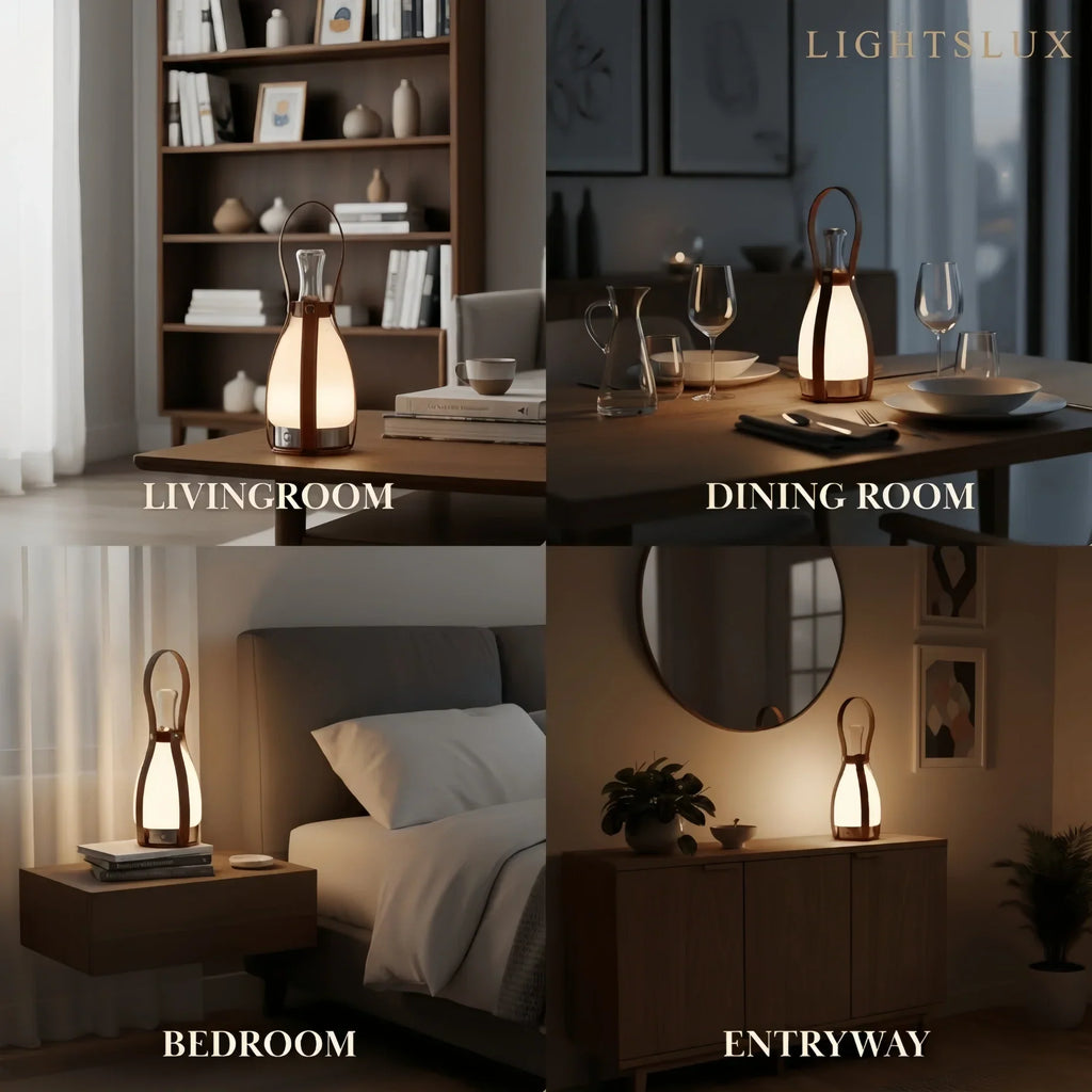 Lámpara de mesa moderna de cuero – Luz LED portátil de vidrio en marrón, blanco o plata para dormitorio - Flindria