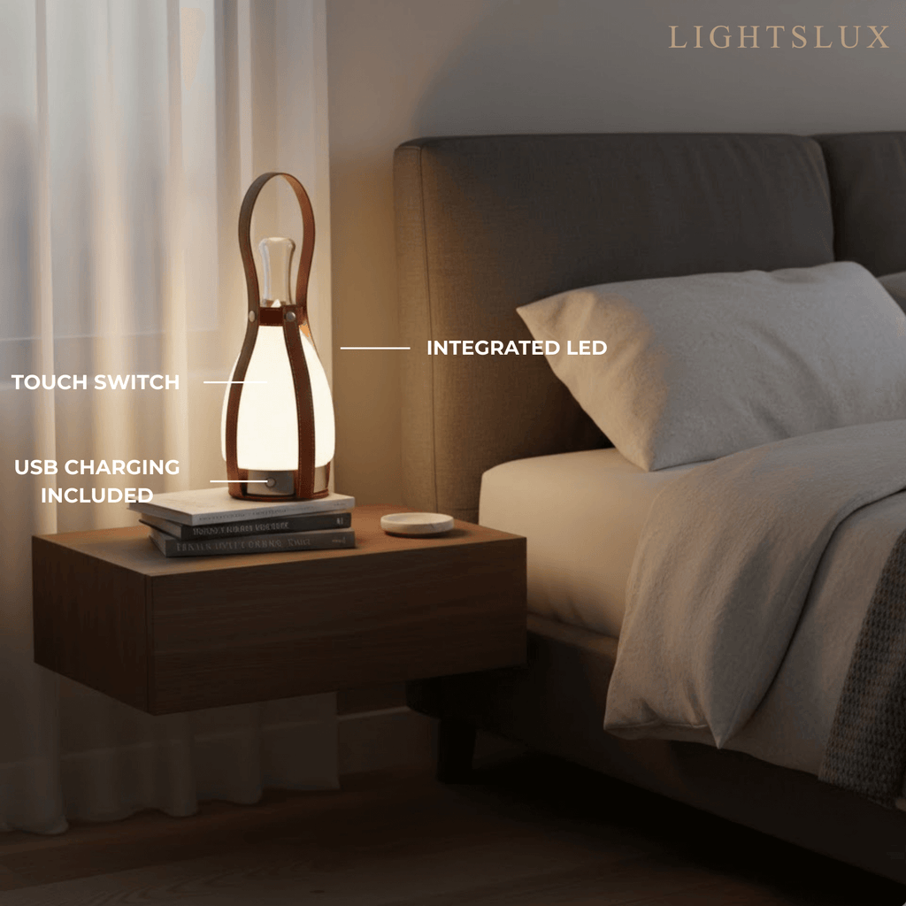 Lámpara de mesa moderna de cuero – Luz LED portátil de vidrio en marrón, blanco o plata para dormitorio - Flindria