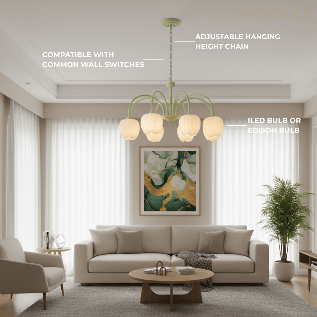 Modern Tulip Csillár – Matcha fém és fehér üveg mennyezeti lámpa étkezőbe - Flindria