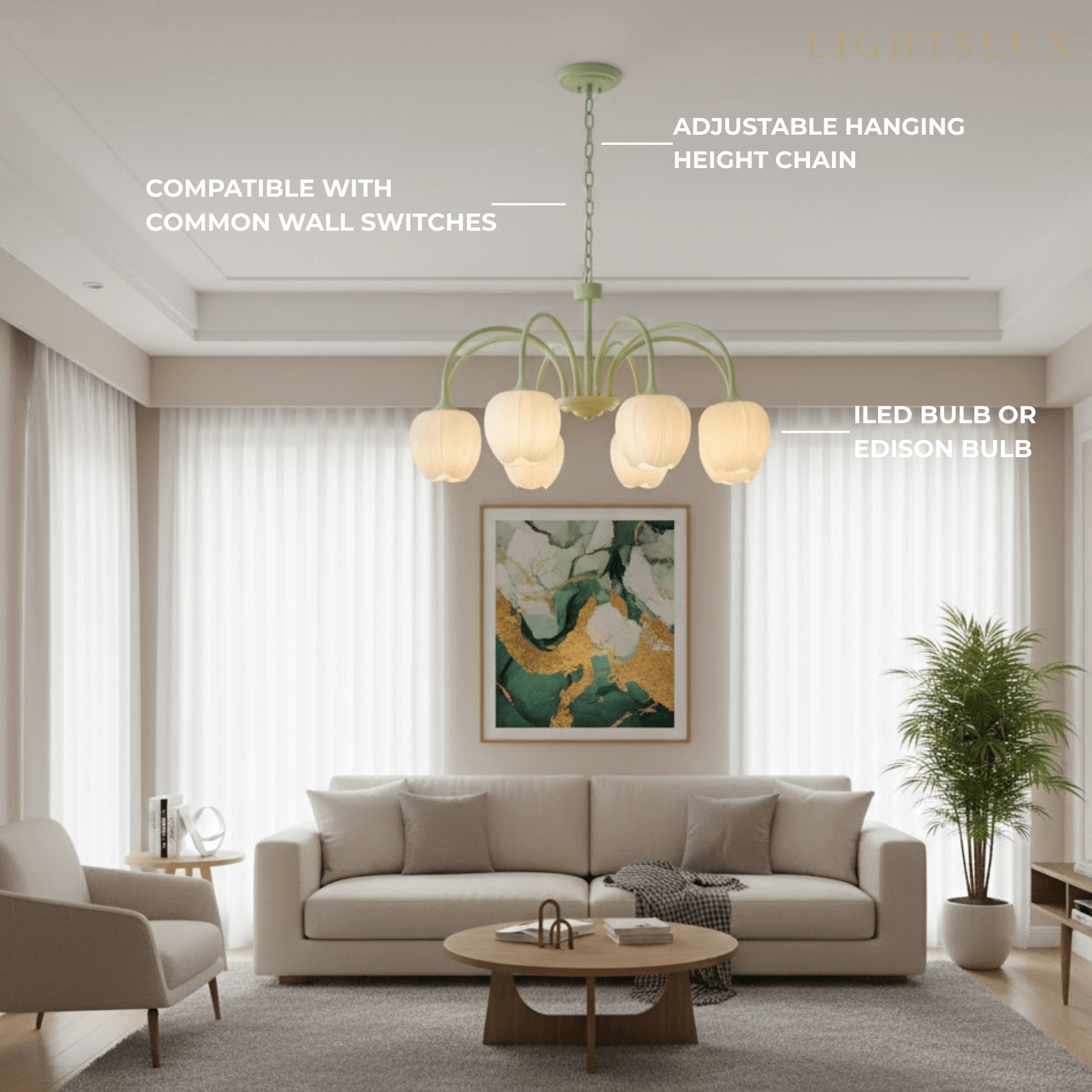 Modern Tulip Csillár – Matcha fém és fehér üveg mennyezeti lámpa étkezőbe - Flindria