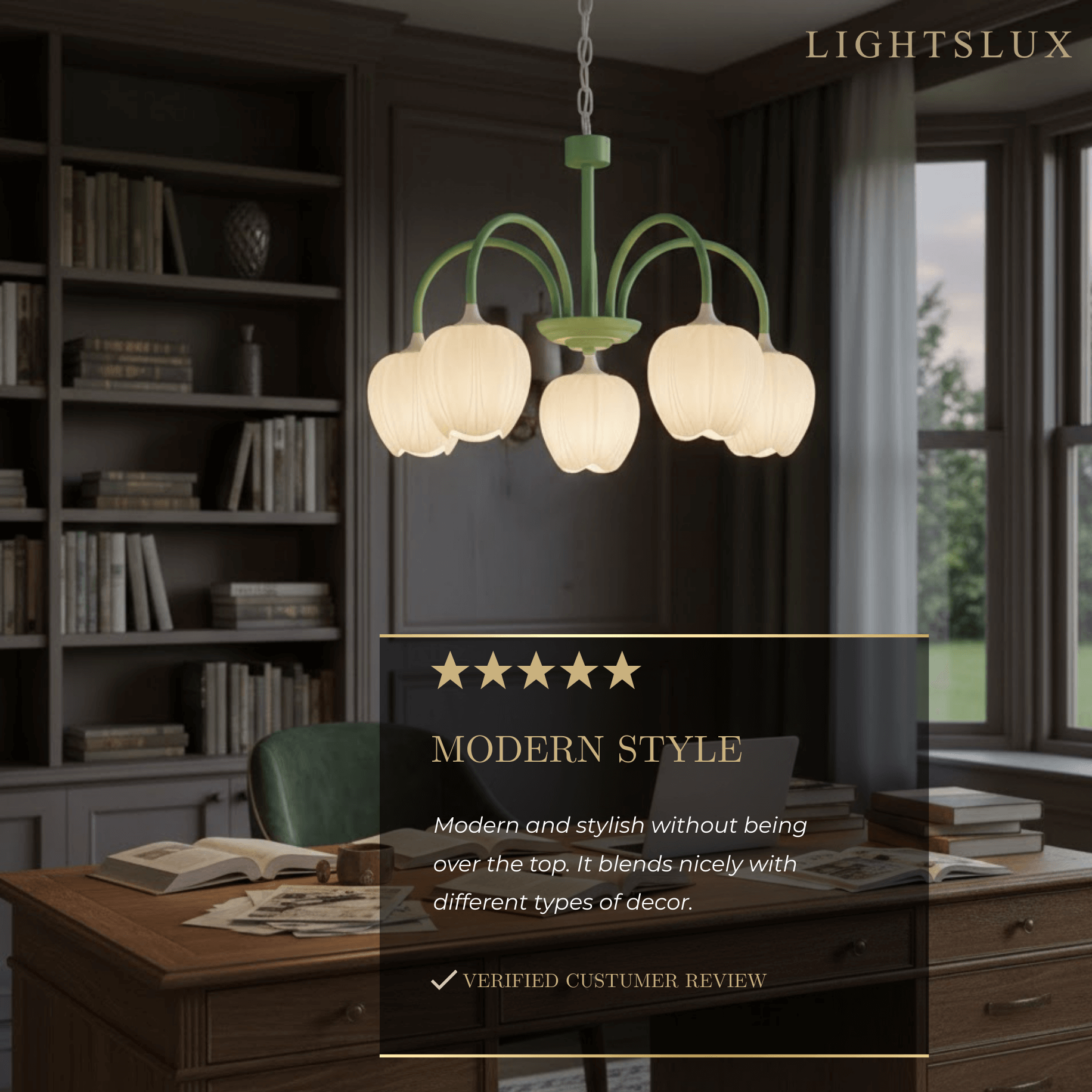 Moderní lustr Tulipán – stropní svítidlo z kovu Matcha a bílého skla do jídelny - Flindria