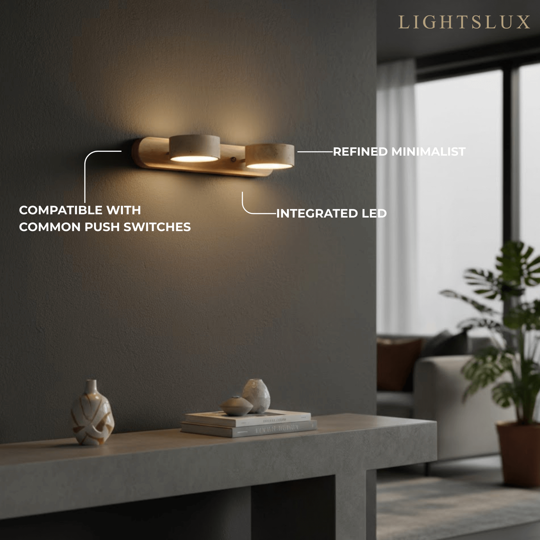 Moderne Travertijn Wandlamp – Hout en Steen LED Wandlamp voor Woonkamer - Flindria