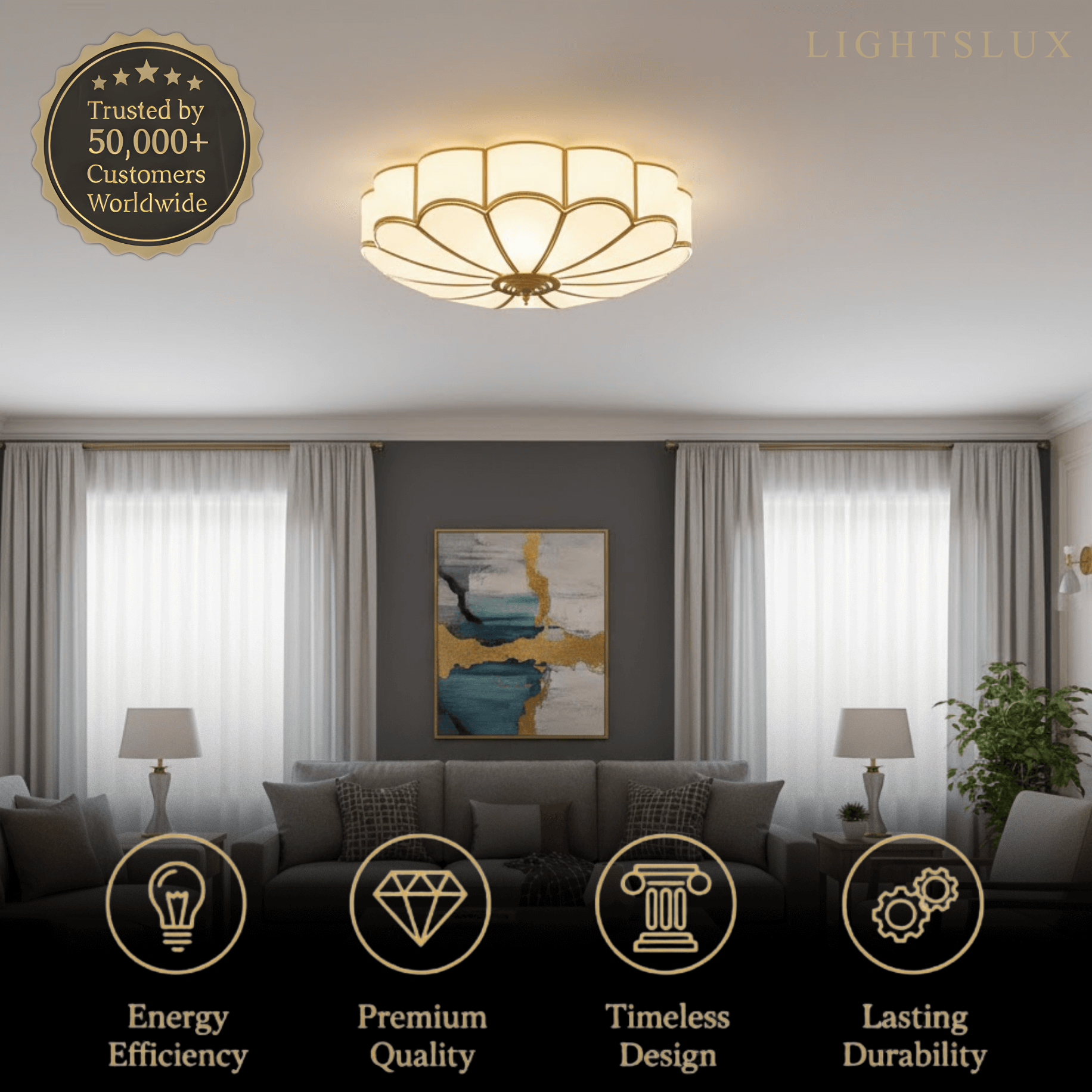 Moderne bloemen glazen plafondlamp – messing plafondlamp voor slaapkamer - Flindria