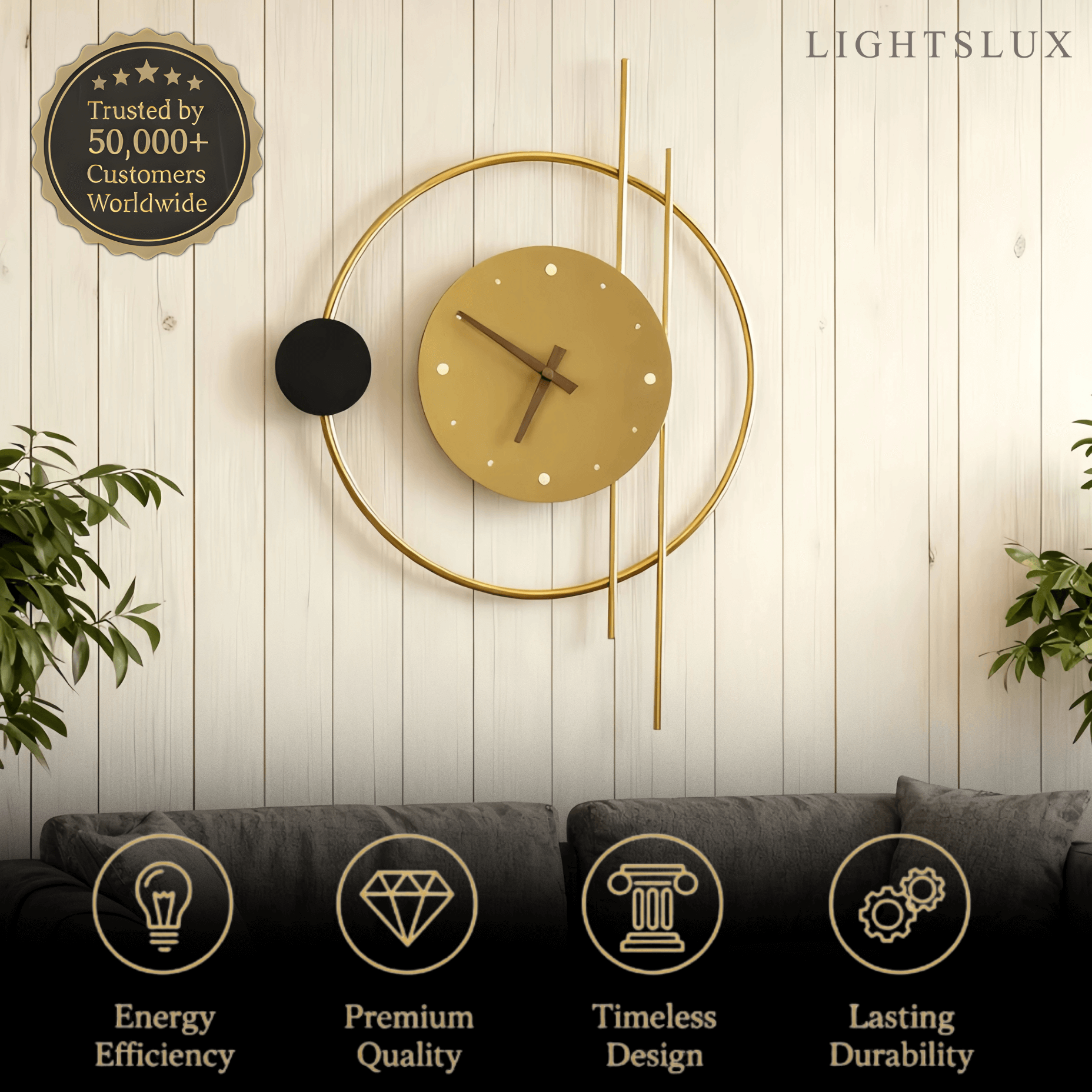 Lámpara de pared Art Deco – Diseño inspirado en reloj negro/dorado para sala - Flindria