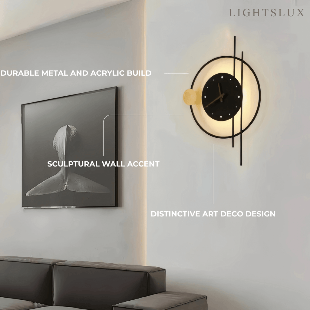 Lámpara de pared Art Deco – Diseño inspirado en reloj negro/dorado para sala - Flindria