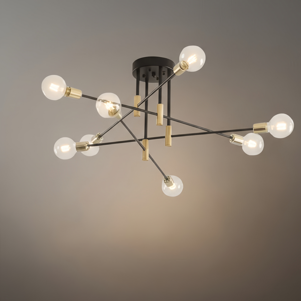 Lámpara de araña moderna ramificada – Estructura metálica negro/dorado con 4/6/8 cabezas para sala de estar - Flindria