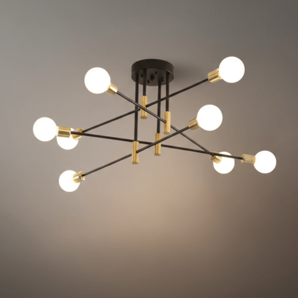 Lámpara de araña moderna ramificada – Estructura metálica negro/dorado con 4/6/8 cabezas para sala de estar - Flindria