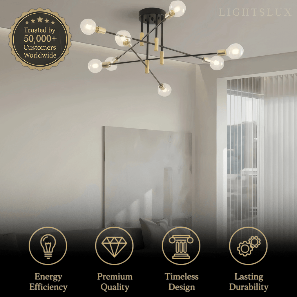 Lámpara de araña moderna ramificada – Estructura metálica negro/dorado con 4/6/8 cabezas para sala de estar - Flindria