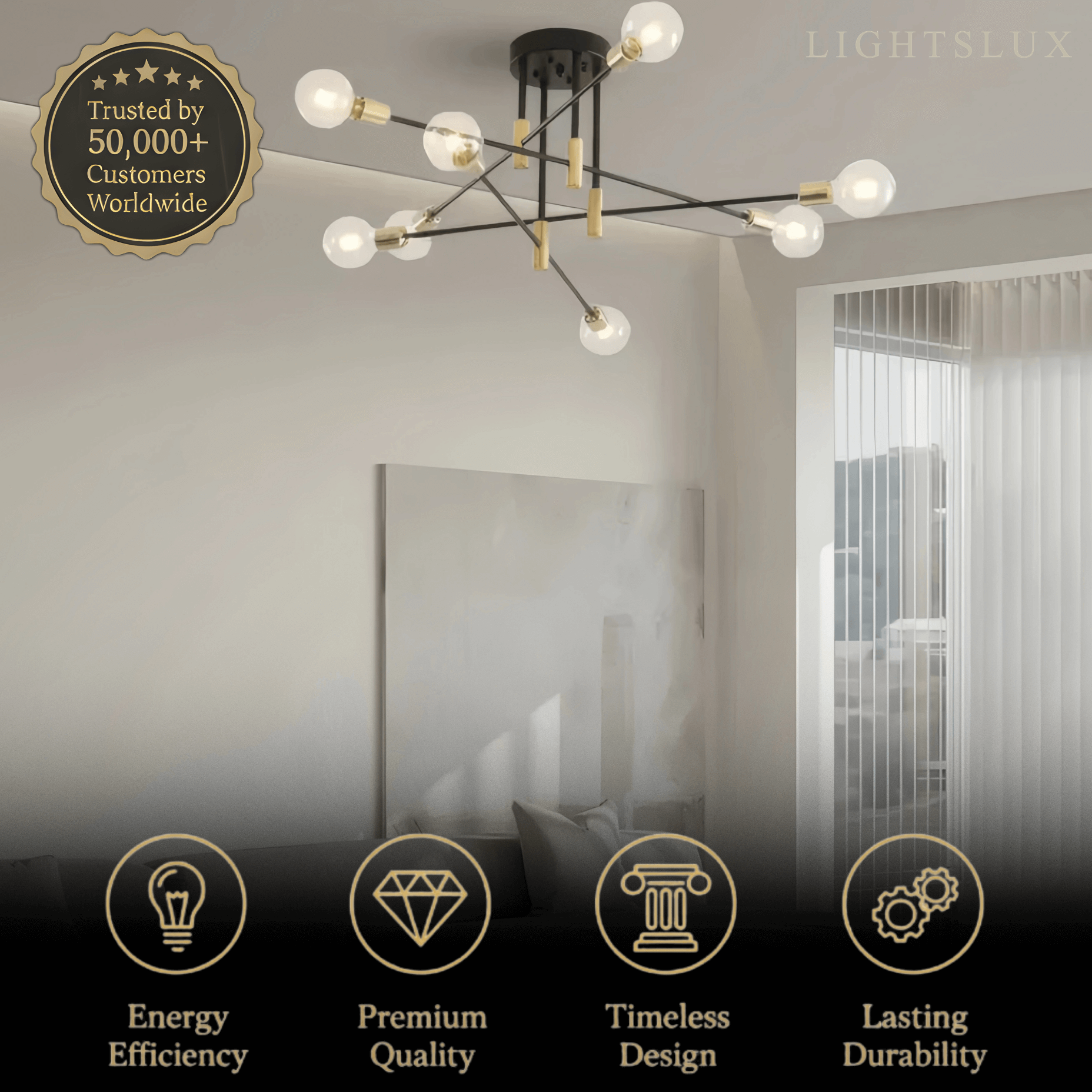 Lámpara de araña moderna ramificada – Estructura metálica negro/dorado con 4/6/8 cabezas para sala de estar - Flindria