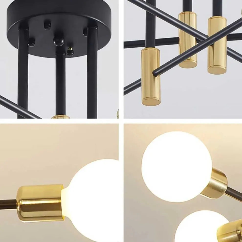 Lámpara de araña moderna ramificada – Estructura metálica negro/dorado con 4/6/8 cabezas para sala de estar - Flindria