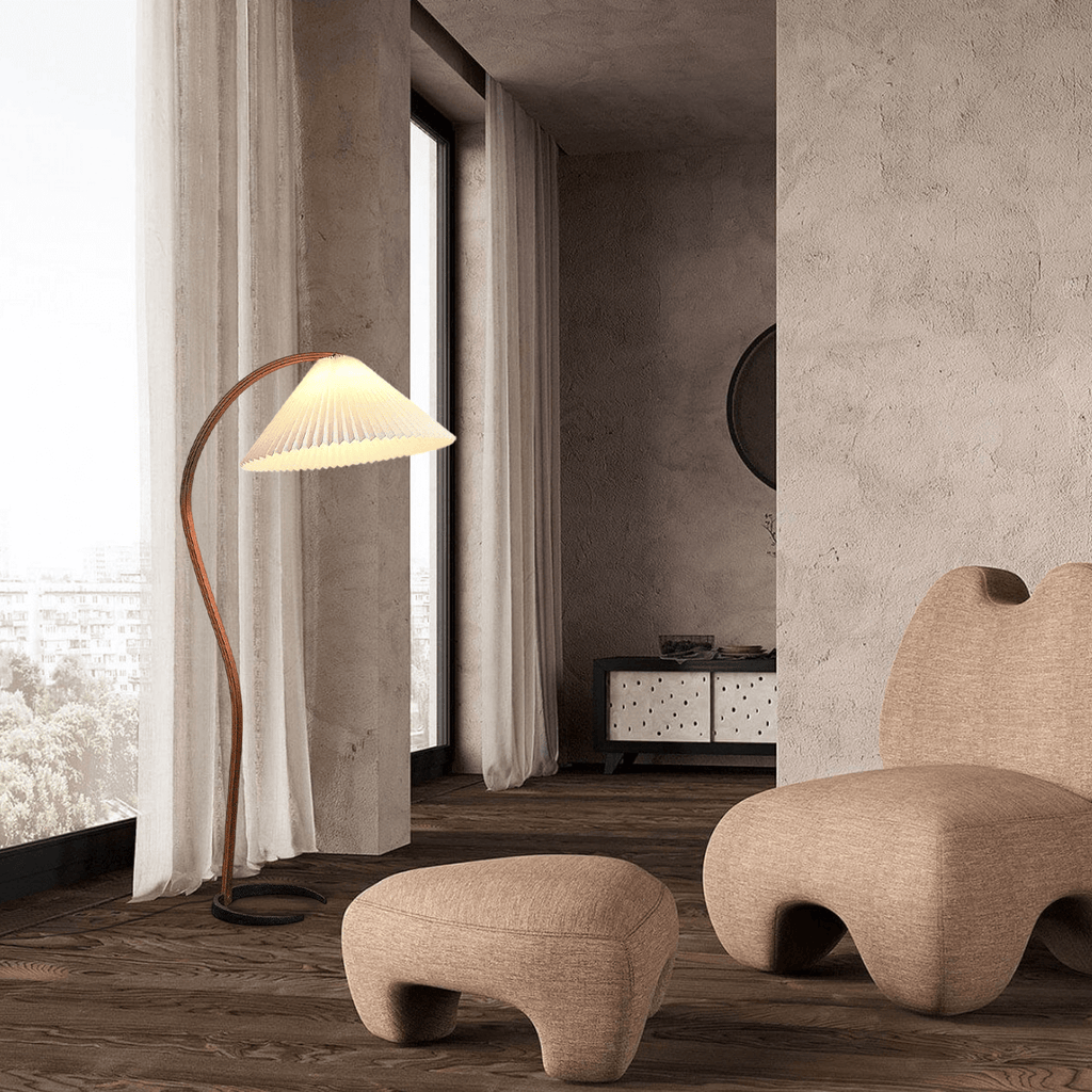 Modern Floor Lamp - Wood/Fabric in Beige/Coffee/White for Bedroom - Flindria