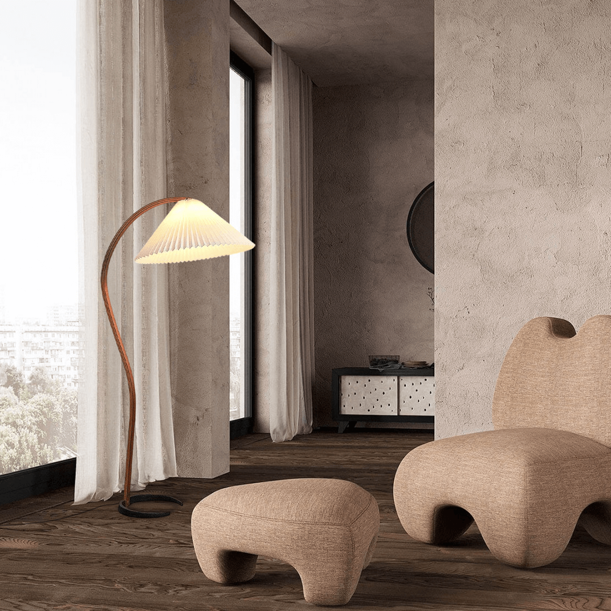 Modern Floor Lamp - Wood/Fabric in Beige/Coffee/White for Bedroom - Flindria