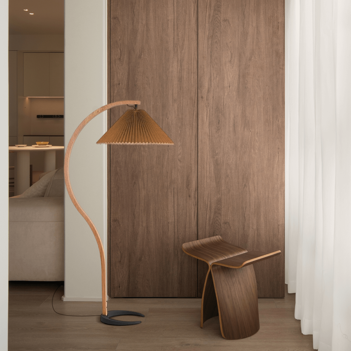 Modern Floor Lamp - Wood/Fabric in Beige/Coffee/White for Bedroom - Flindria