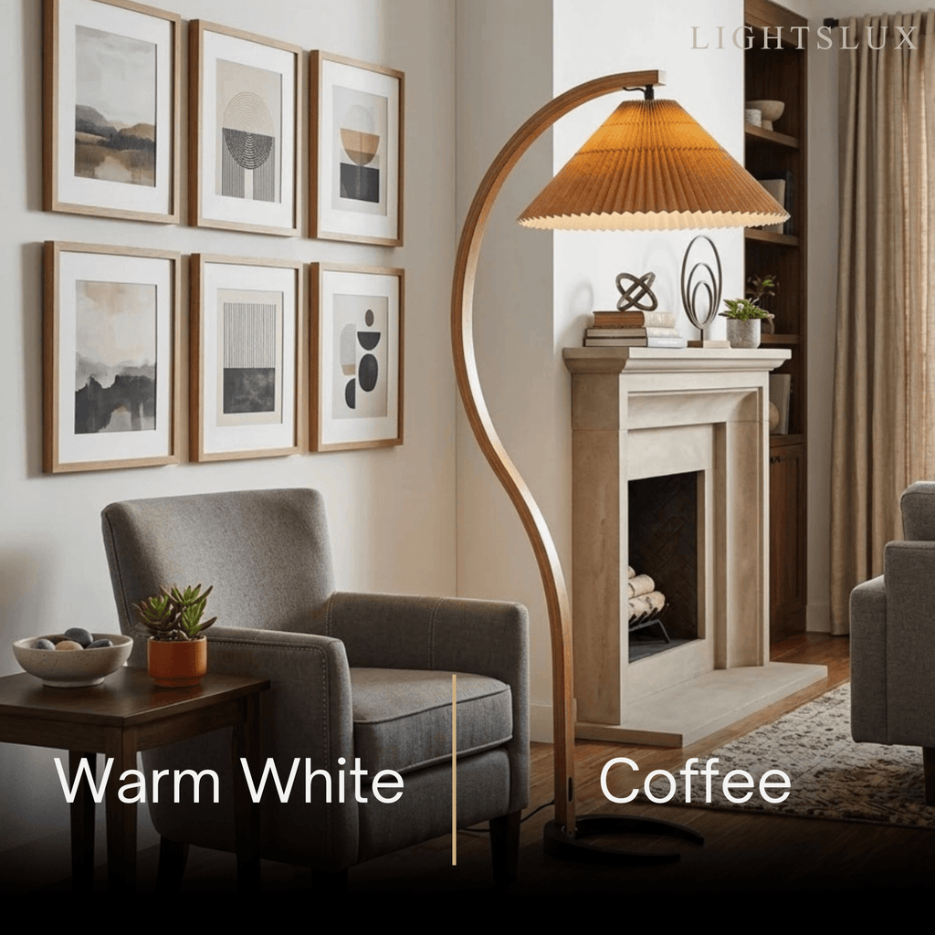 Modern Floor Lamp - Wood/Fabric in Beige/Coffee/White for Bedroom - Flindria