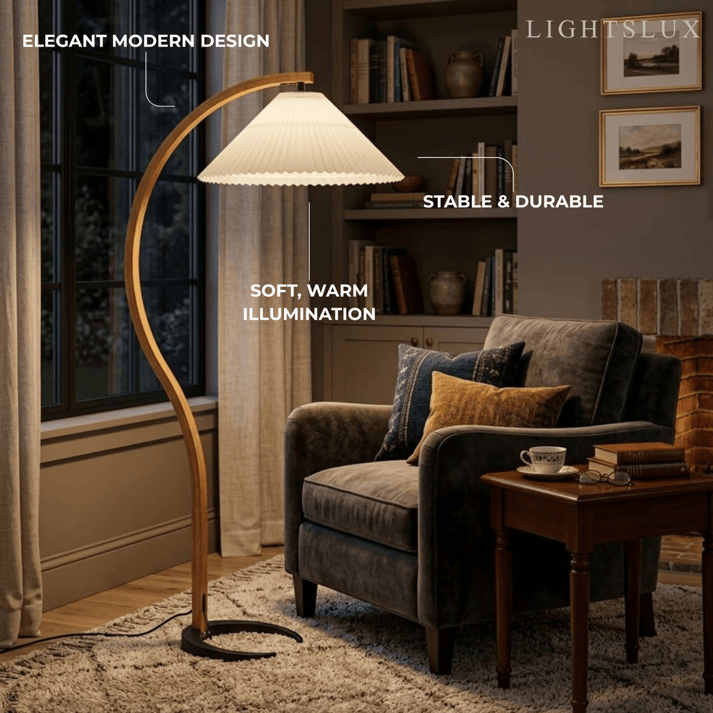 Modern Floor Lamp - Wood/Fabric in Beige/Coffee/White for Bedroom - Flindria