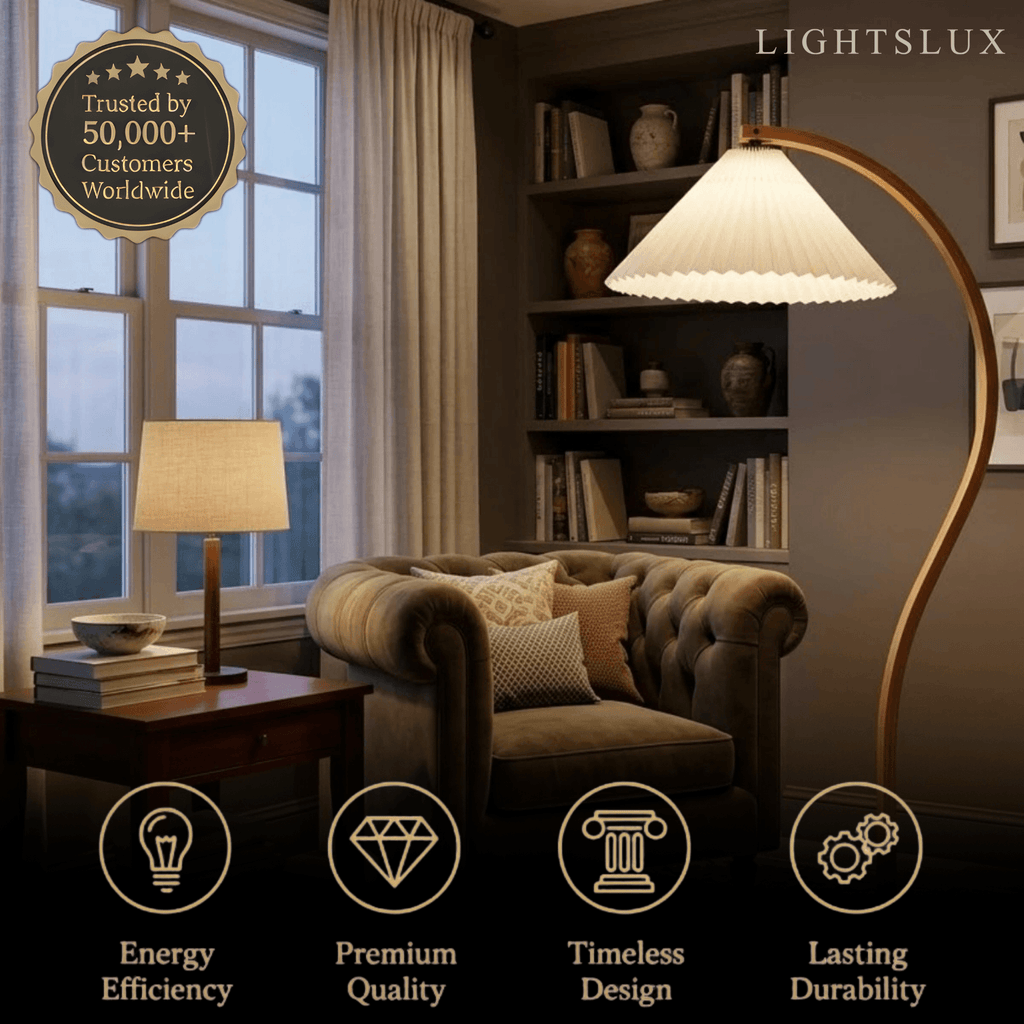 Modern Floor Lamp - Wood/Fabric in Beige/Coffee/White for Bedroom - Flindria