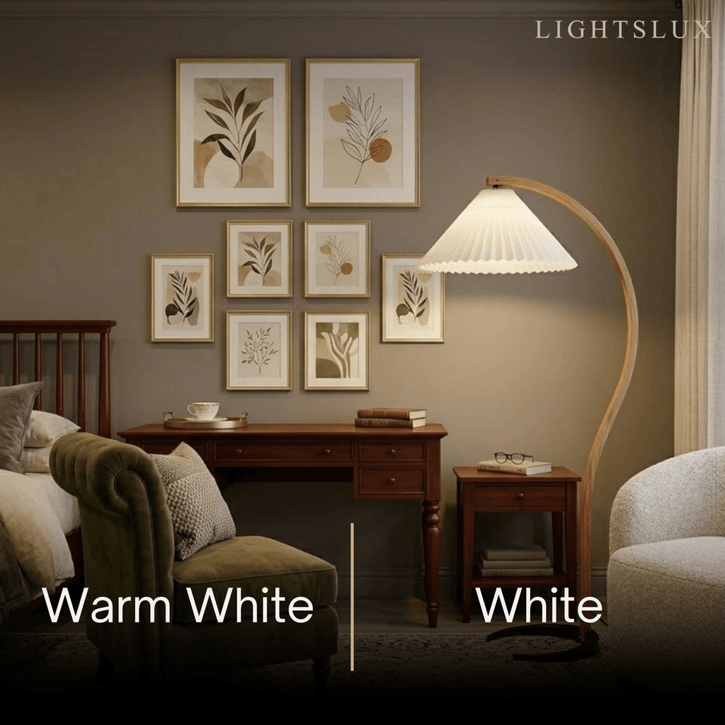 Modern Floor Lamp - Wood/Fabric in Beige/Coffee/White for Bedroom - Flindria