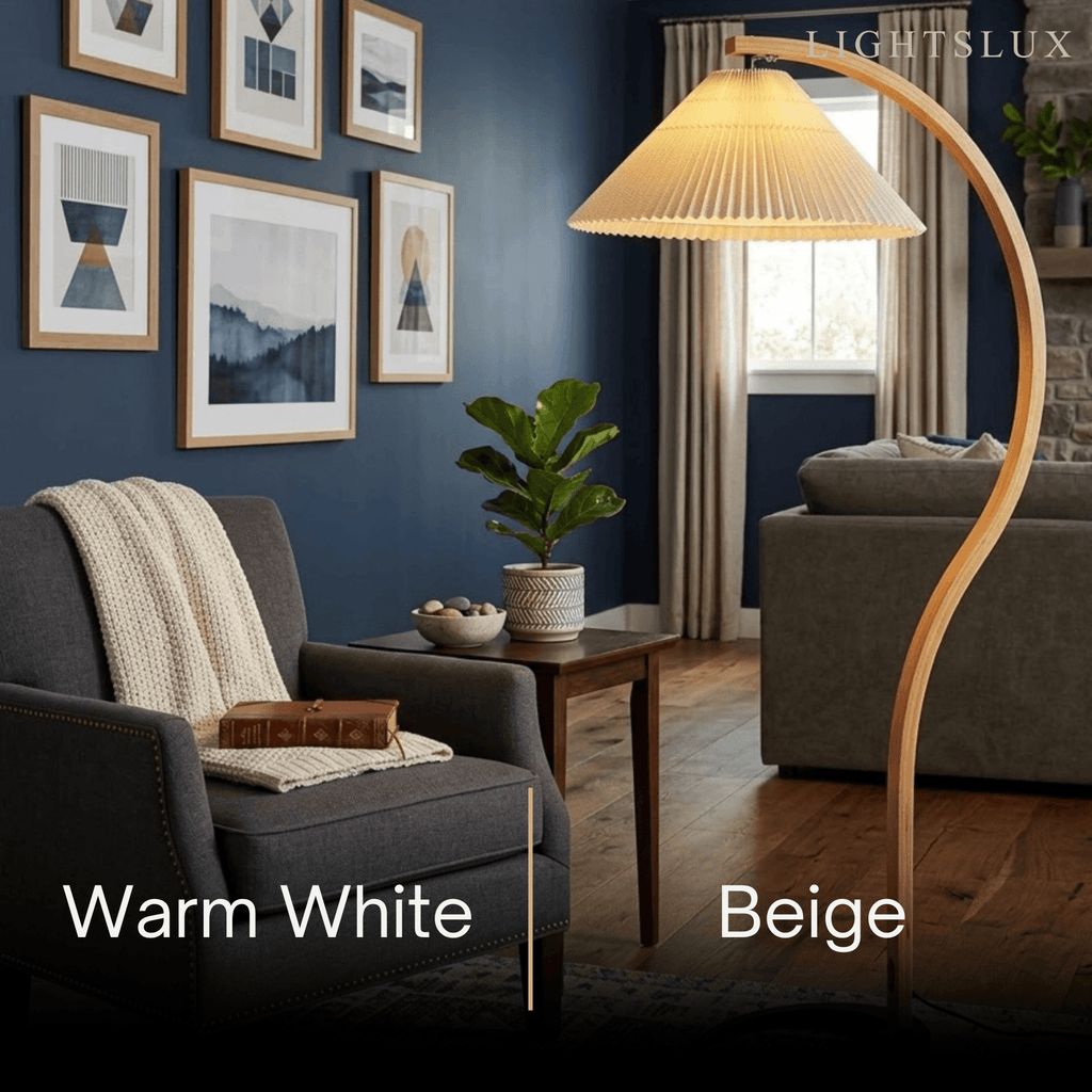 Modern Floor Lamp - Wood/Fabric in Beige/Coffee/White for Bedroom - Flindria