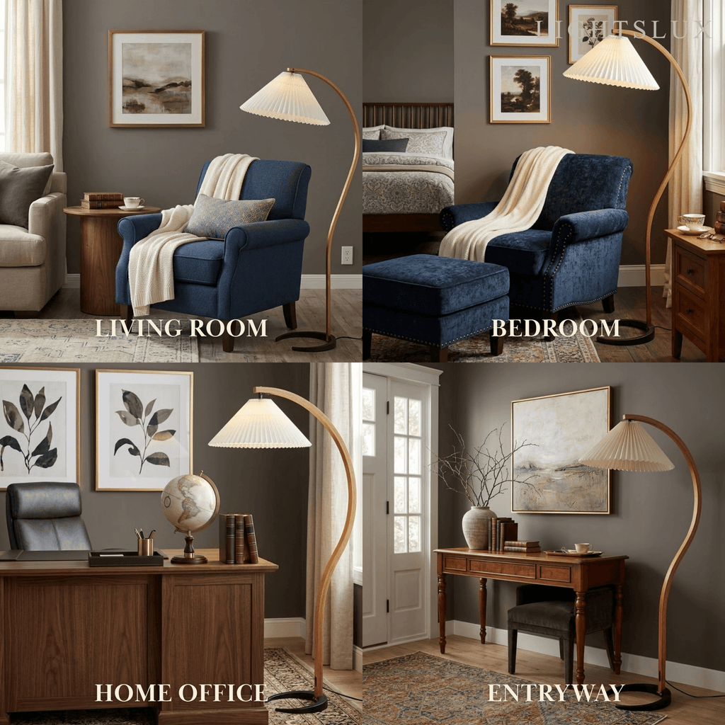 Modern Floor Lamp - Wood/Fabric in Beige/Coffee/White for Bedroom - Flindria