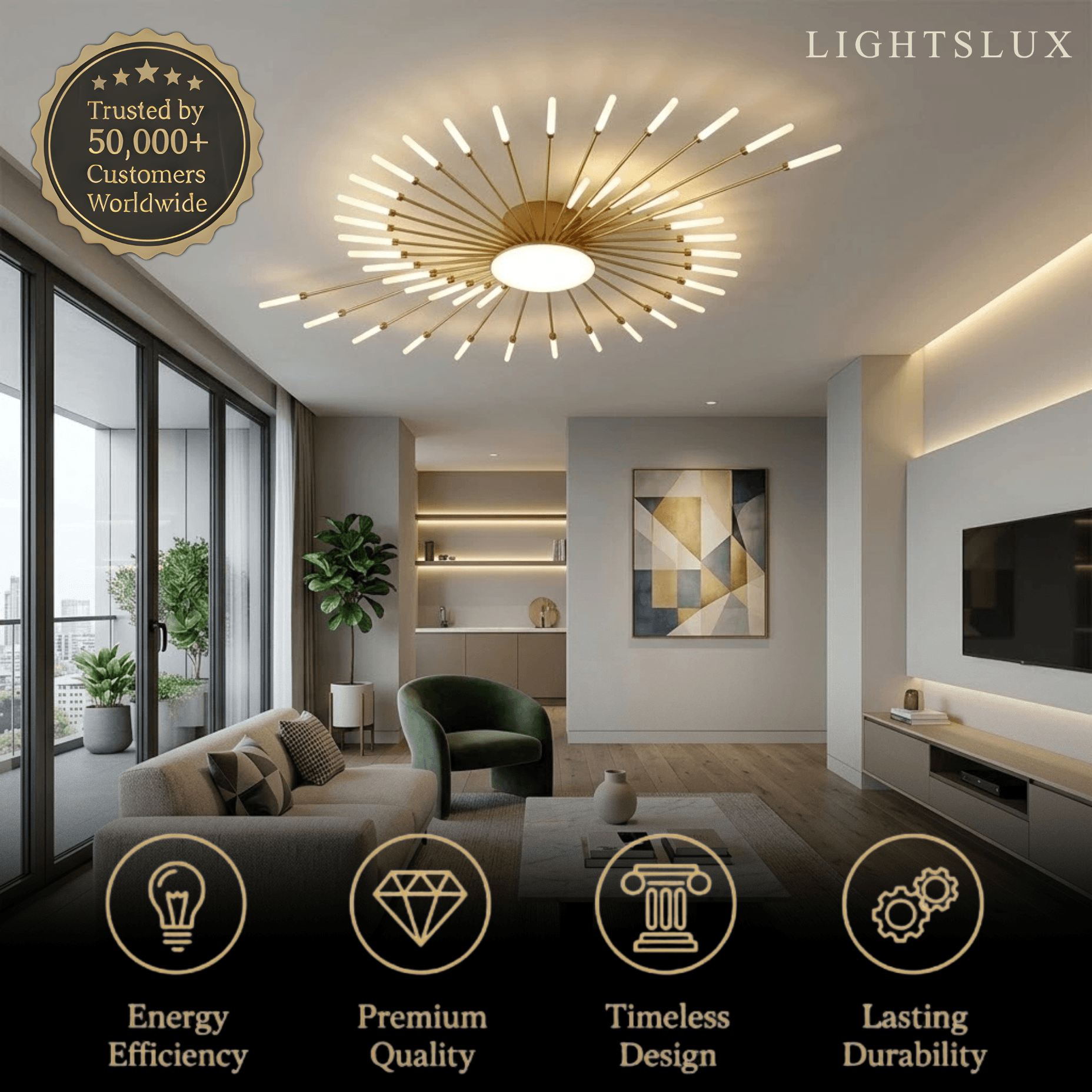 Moderne vuurwerk plafondlamp – goud/zwart voor slaapkamer, eetkamer, woonkamer - Flindria