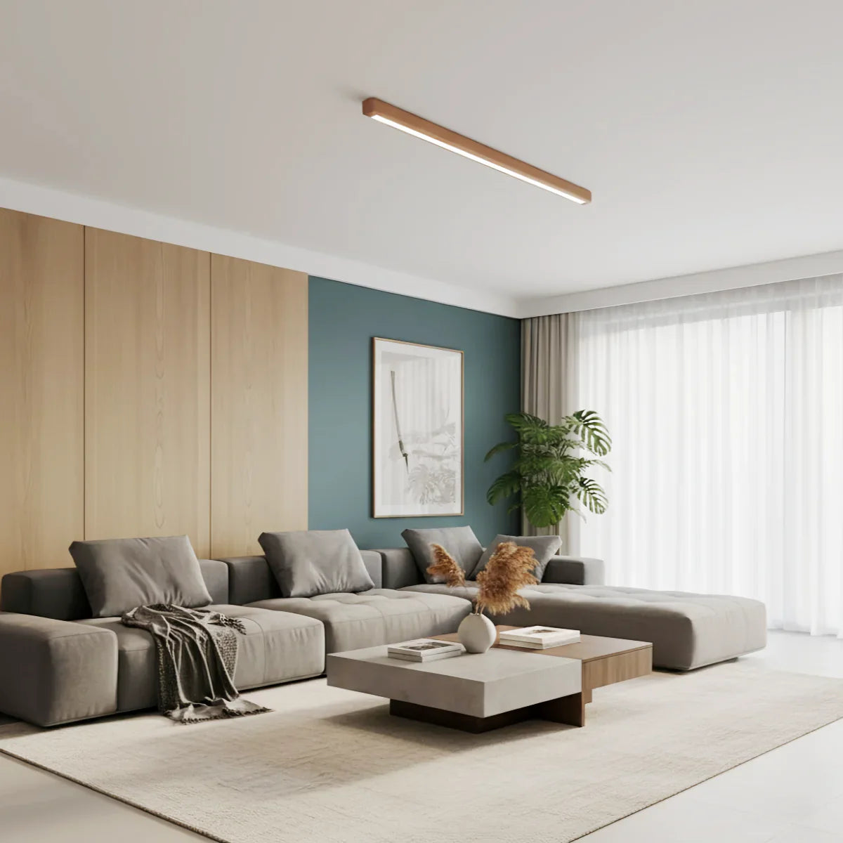 Minimalist Linear LED Ceiling Light – Walnut/Wood for Living Room - Flindria