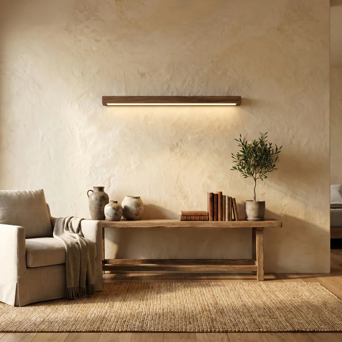 Minimalist Linear LED Ceiling Light – Walnut/Wood for Living Room - Flindria