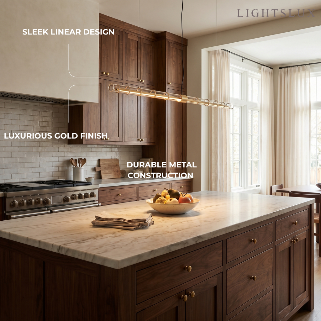 Modern Linear Pendant Light — Gold Metal for Dining Room/Living Room - Flindria