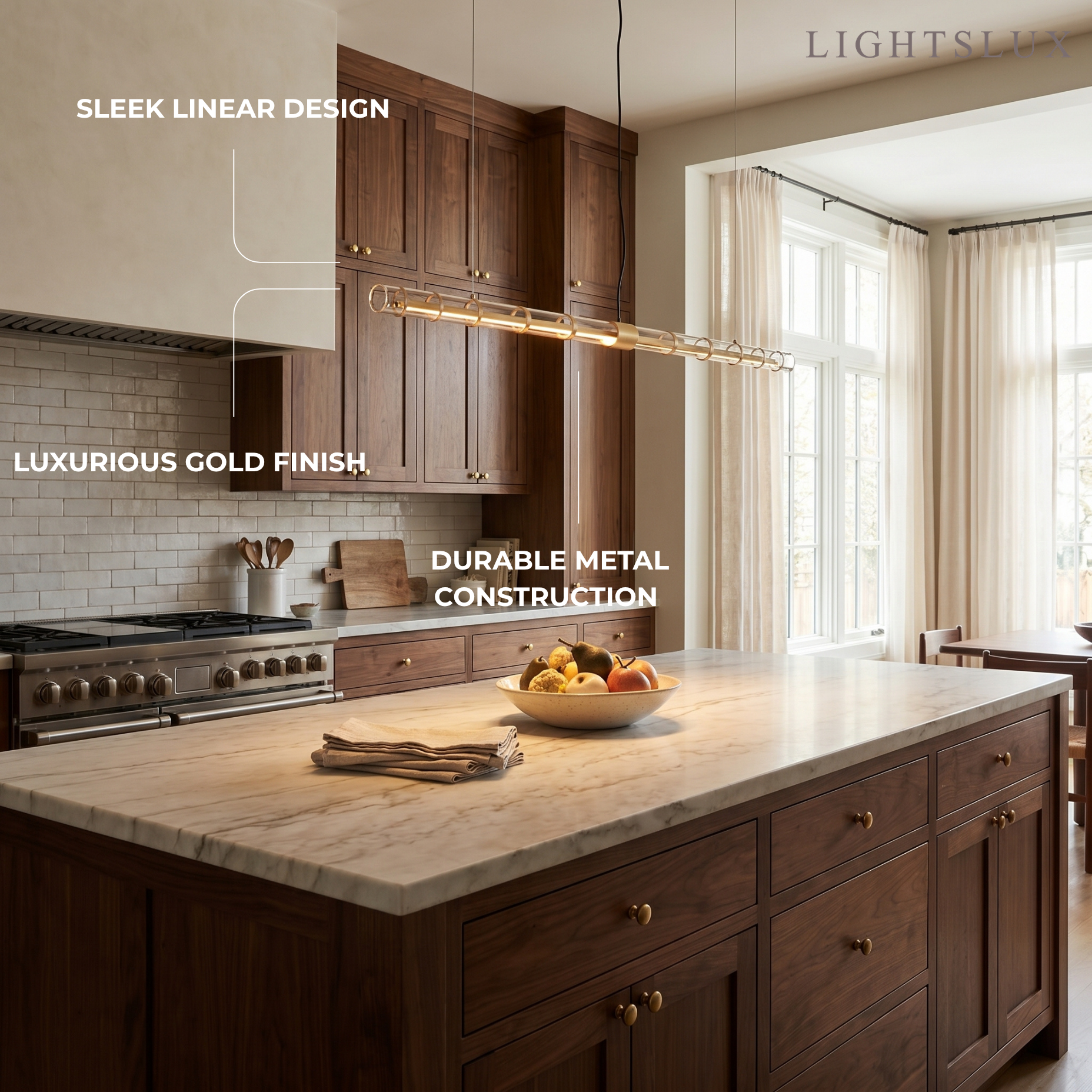Modern Linear Pendant Light — Gold Metal for Dining Room/Living Room - Flindria