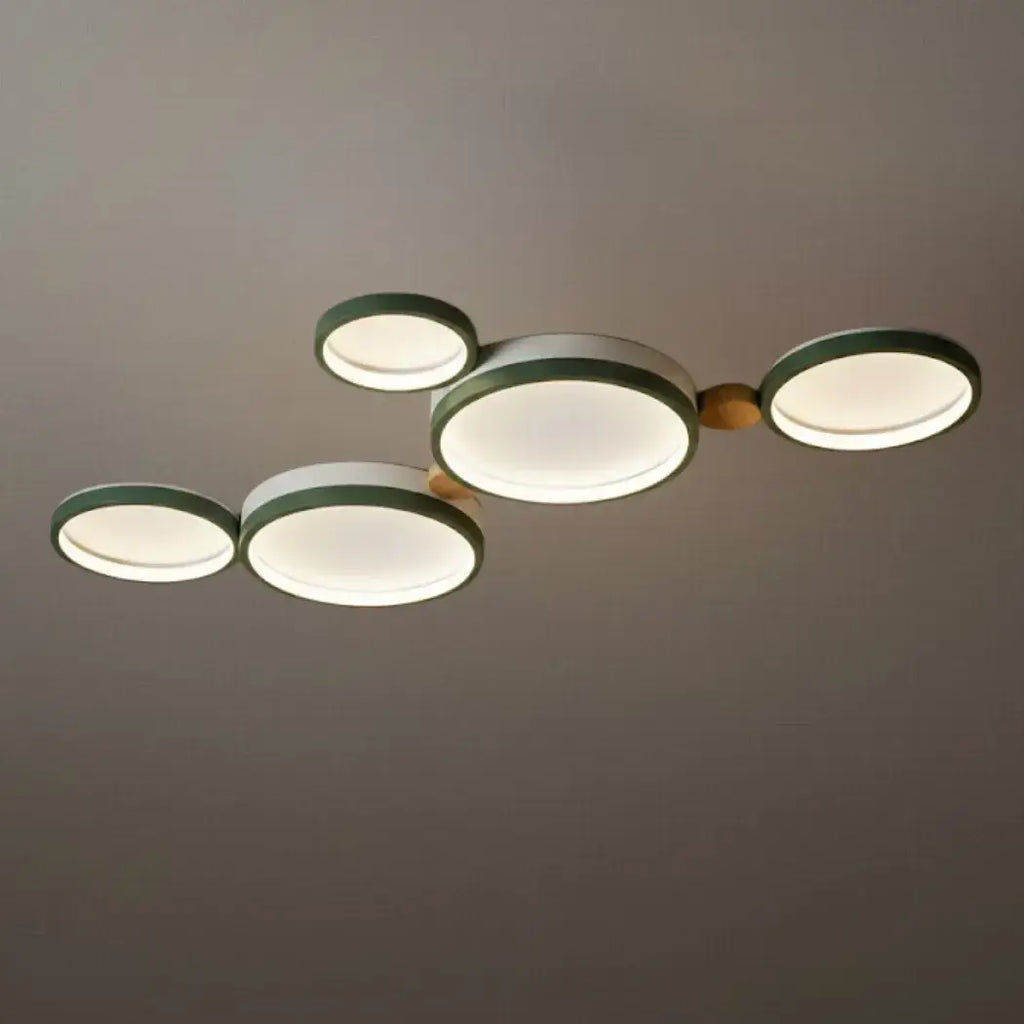 Modern Round Ceiling Light – Metal/Wood in Green/Grey/White for Living Room - Flindria