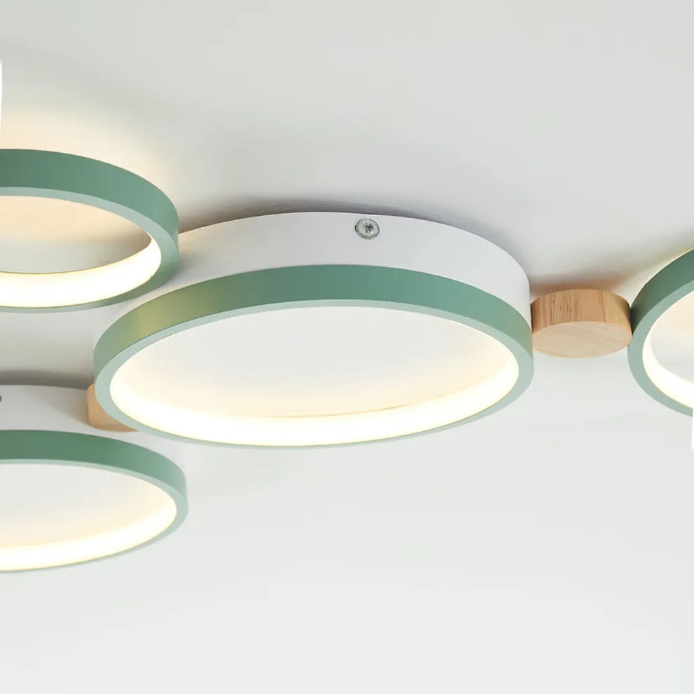 Modern Round Ceiling Light – Metal/Wood in Green/Grey/White for Living Room - Flindria