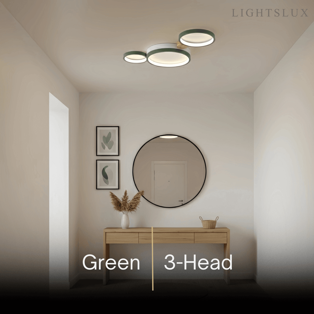 Modern Round Ceiling Light – Metal/Wood in Green/Grey/White for Living Room - Flindria