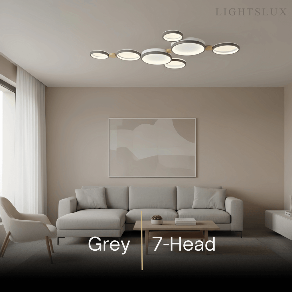 Modern Round Ceiling Light – Metal/Wood in Green/Grey/White for Living Room - Flindria