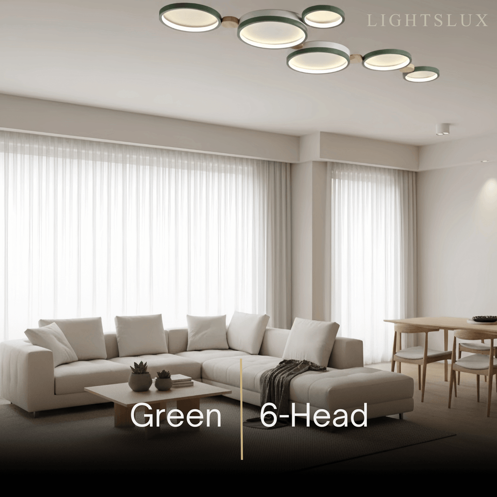 Modern Round Ceiling Light – Metal/Wood in Green/Grey/White for Living Room - Flindria
