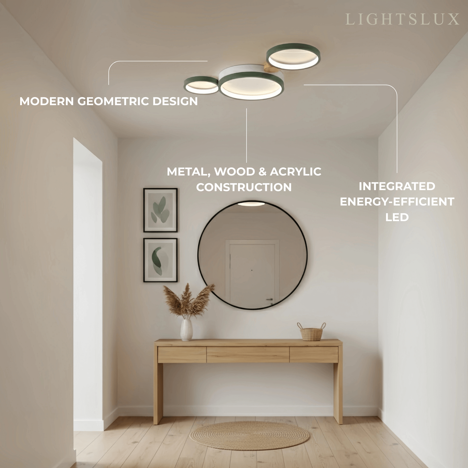 Modern Round Ceiling Light – Metal/Wood in Green/Grey/White for Living Room - Flindria