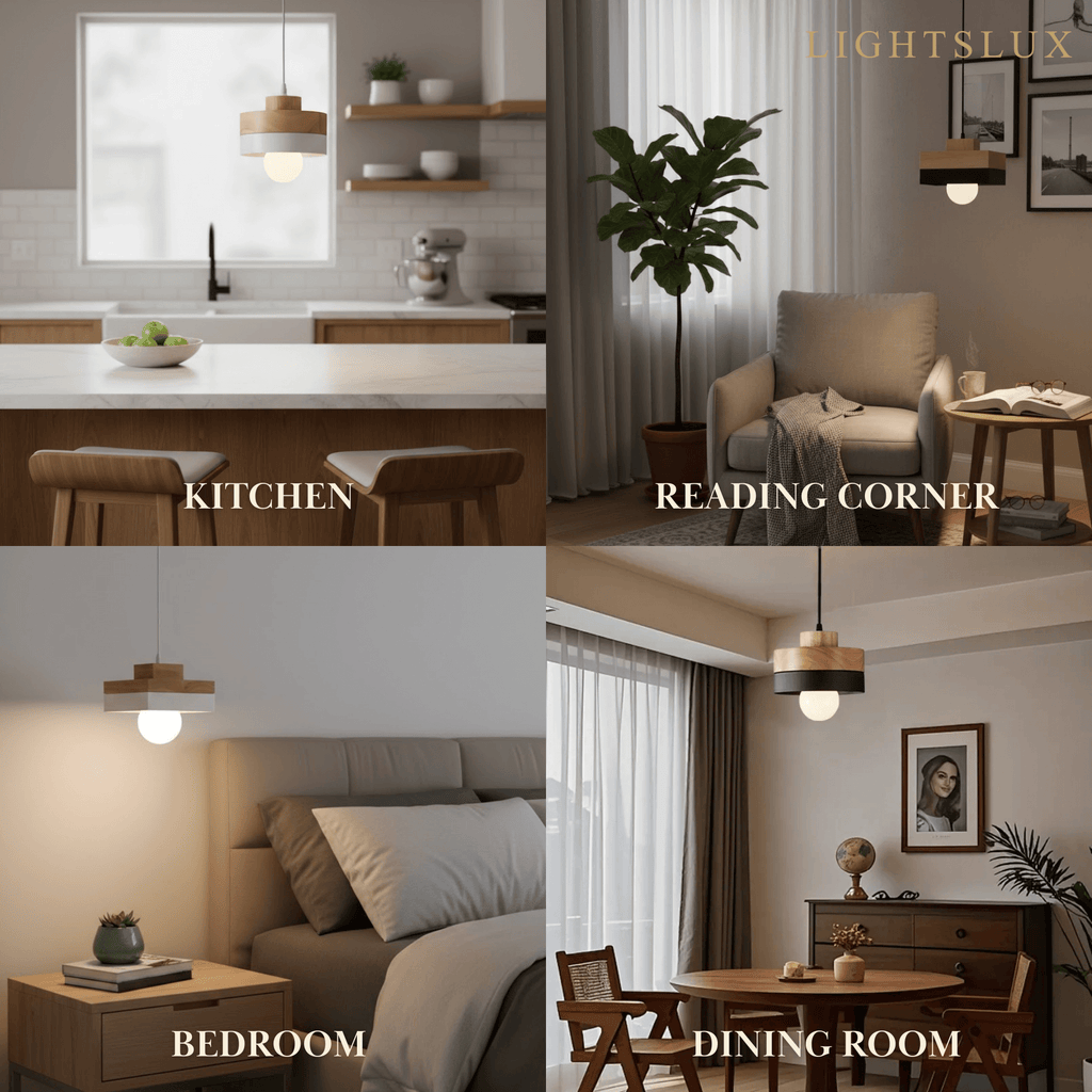 Modern Square/Round Pendant Light – Black/White Metal/Wood for Dining Room - Flindria