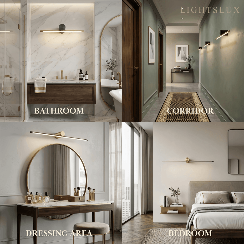 Minimalistische lineaire make-uplamp – zwart/goud metaal & acryl voor badkamer - Flindria