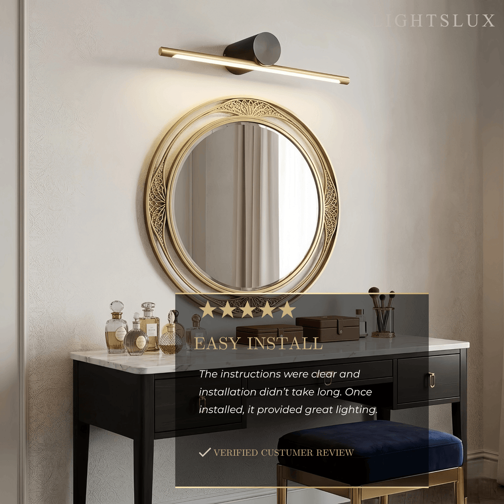 Minimalistische lineaire make-uplamp – zwart/goud metaal & acryl voor badkamer - Flindria