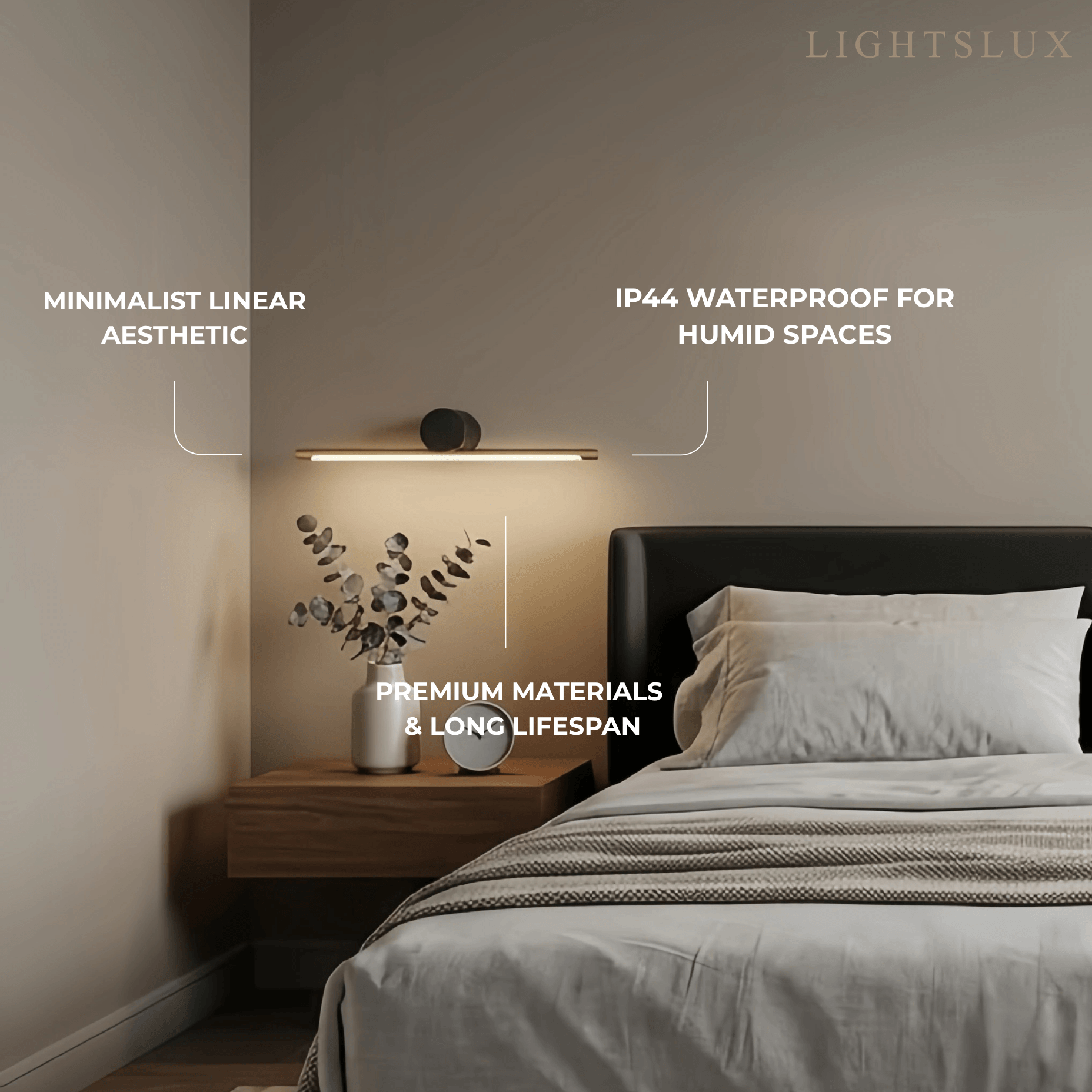 Minimalistische lineaire make-uplamp – zwart/goud metaal & acryl voor badkamer - Flindria