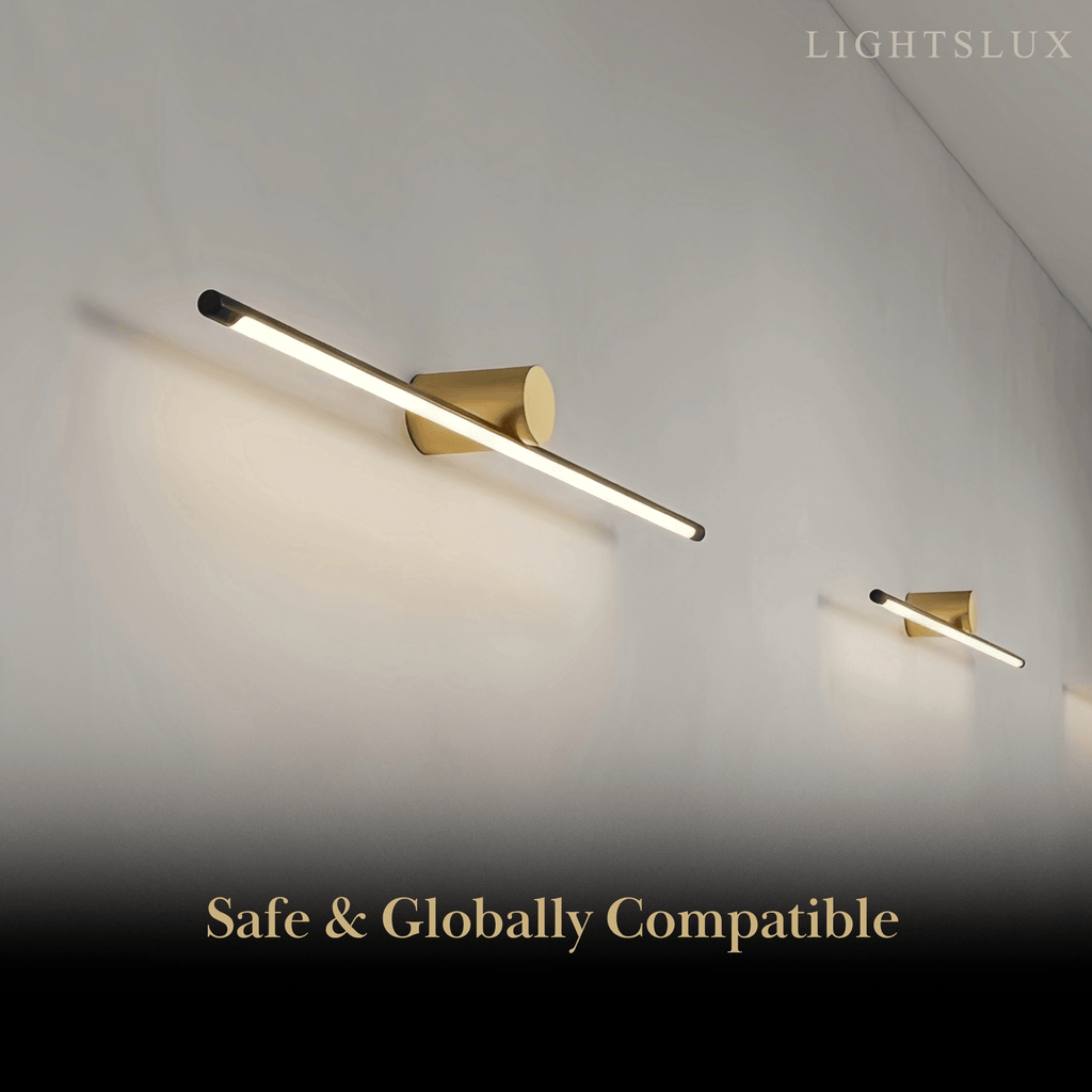 Minimalistische lineaire make-uplamp – zwart/goud metaal & acryl voor badkamer - Flindria