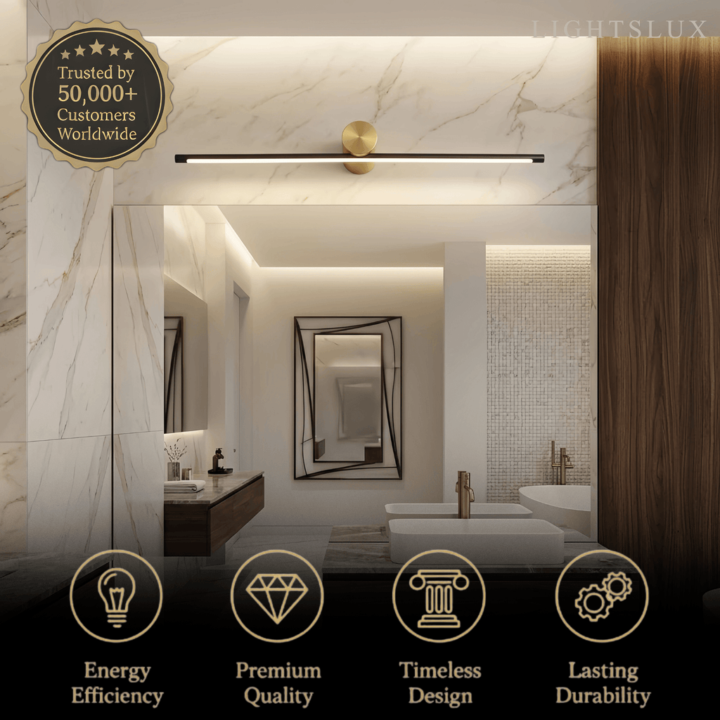 Minimalistische lineaire make-uplamp – zwart/goud metaal & acryl voor badkamer - Flindria