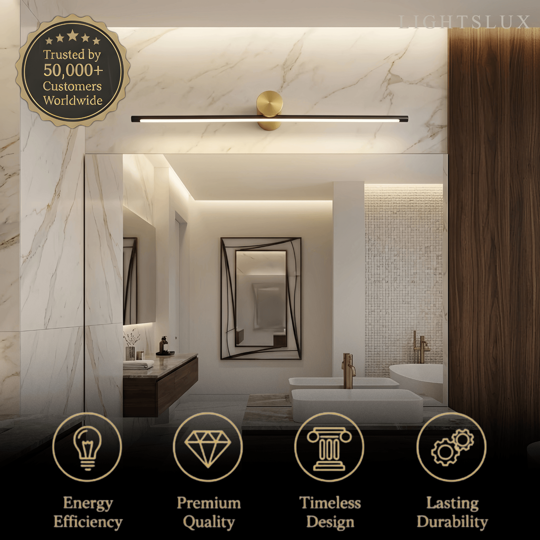 Minimalistische lineaire make-uplamp – zwart/goud metaal & acryl voor badkamer - Flindria