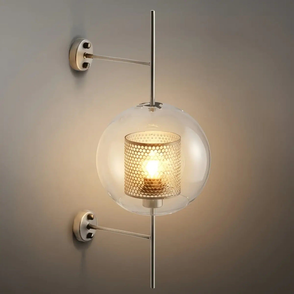 Lámpara de pared real de vidrio/cobre - Detalles plateados para sala de estar/dormitorio - Flindria
