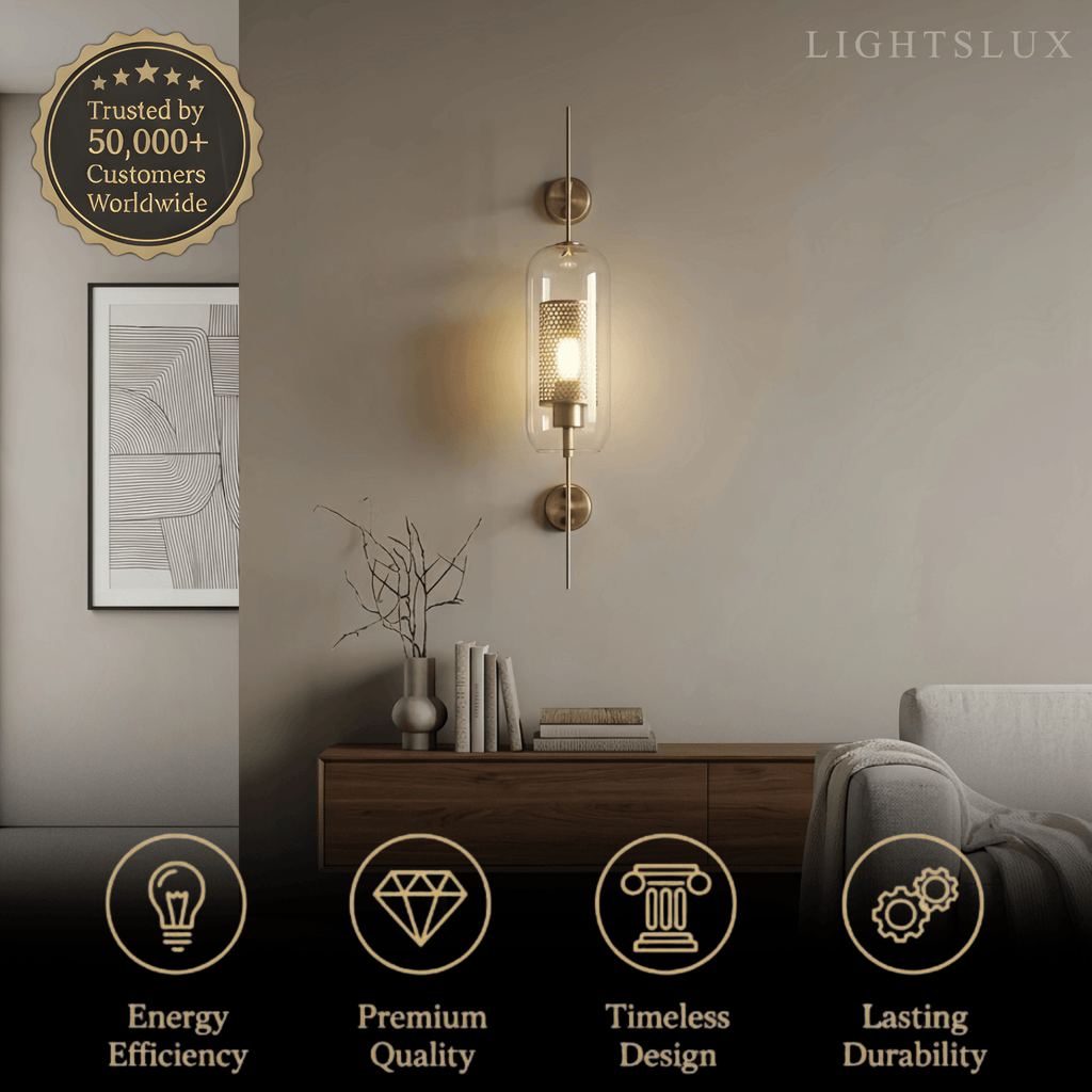 Lámpara de pared real de vidrio/cobre - Detalles plateados para sala de estar/dormitorio - Flindria